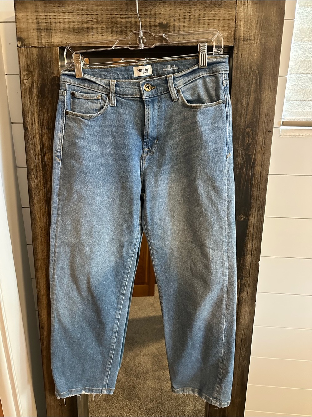 Kensie Ella High Rise Straight Jeans Women’s 6 28 Light Wash Raw Hem Stretch
